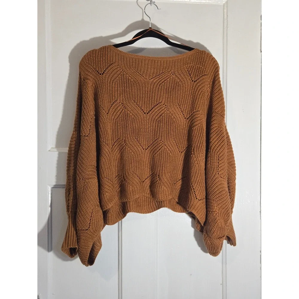 Moon & Madison Brown Chevron Pointelle Knit Oversized Dolman Sweater Womens XS - Picture 3 of 4